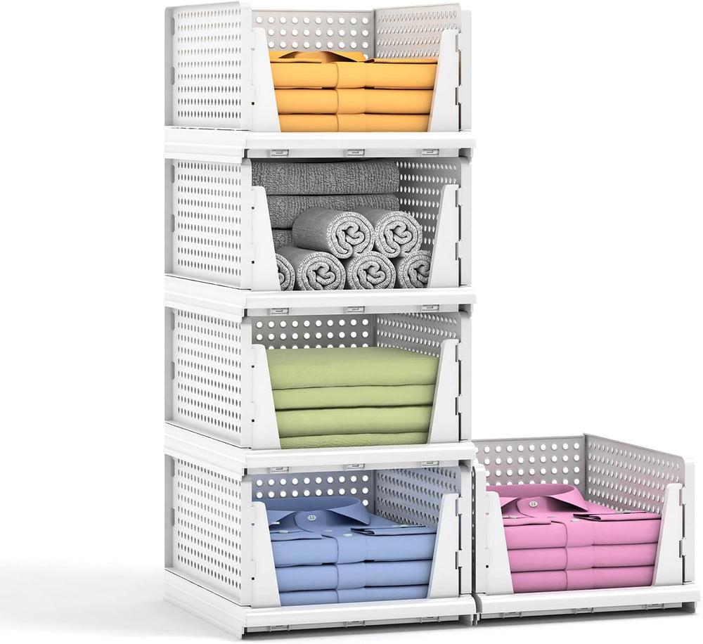 5 Packs Stackable Plastic Storage Basket for Closet Foldable Closet Organizer...