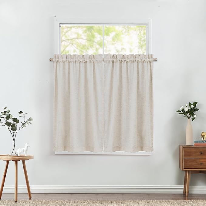 jinchan Beige Kitchen Curtains Linen Tier Curtains 45 Inches Farmhouse Cafe - Image 5