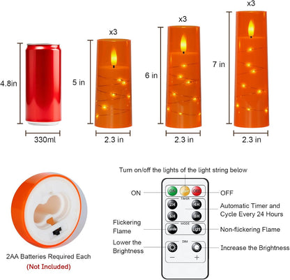 Raycare 9 Pcs Orange Halloween Flameless Pillar Candles with Remote Timer