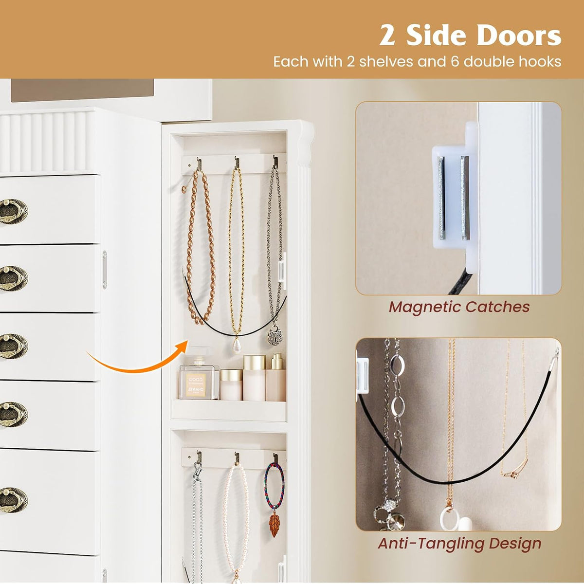 costway standing jewelry armoire, wooden jewelry storage chest, side view