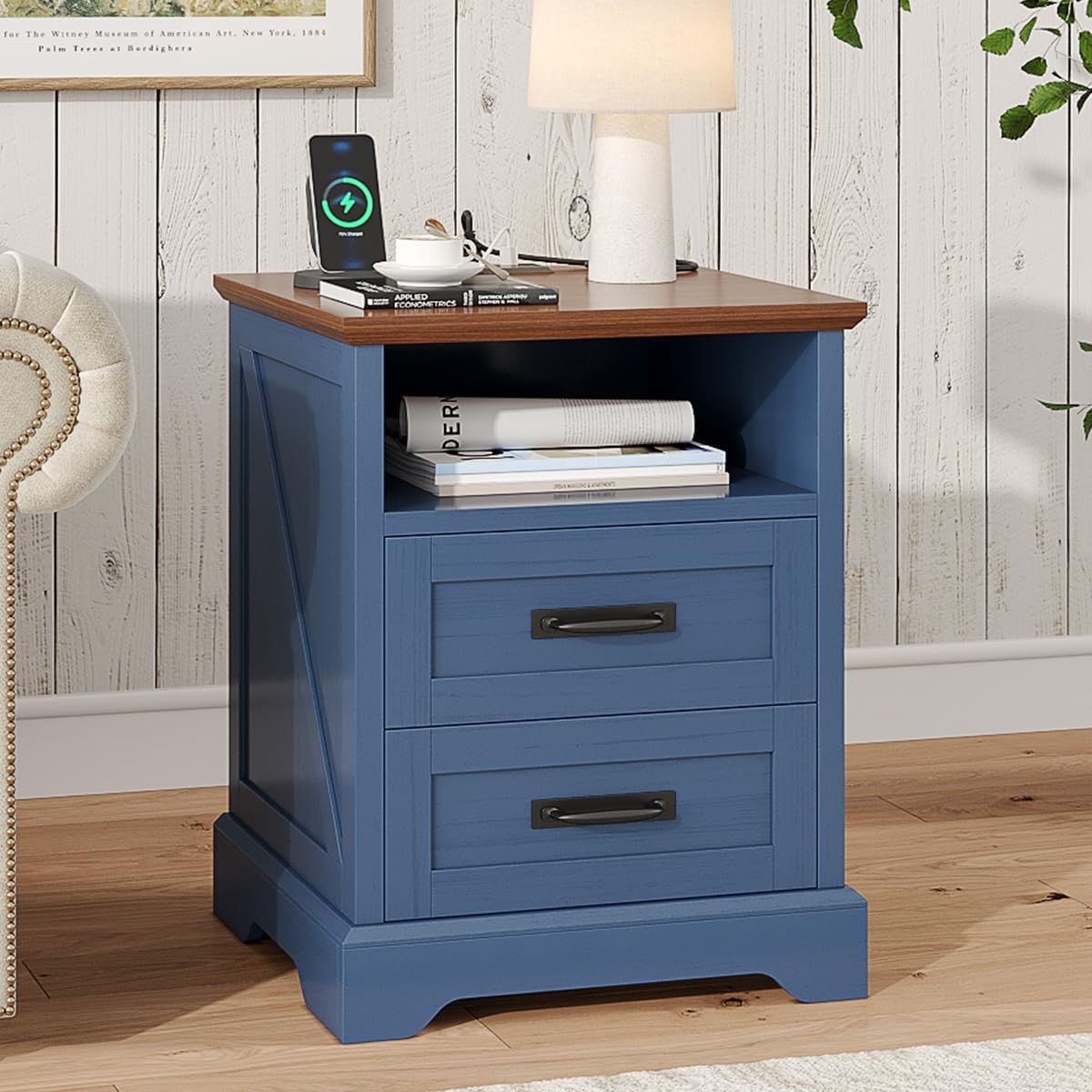 whalefall 2 drawer farmhouse nightstand with open cubby, close-up detail