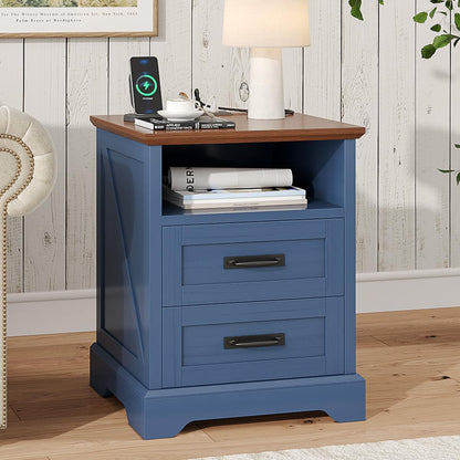 whalefall 2 drawer farmhouse nightstand with open cubby, close-up detail