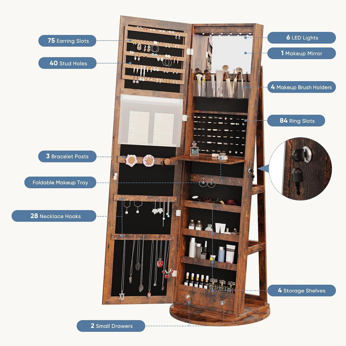 olixis 360° swivel jewelry cabinet with light, lockable, package contents