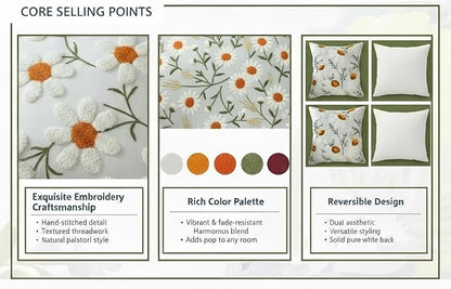 18x18 Embroidered Throw Pillow Covers Set – White Daisy Cotton Decorative - Image 7