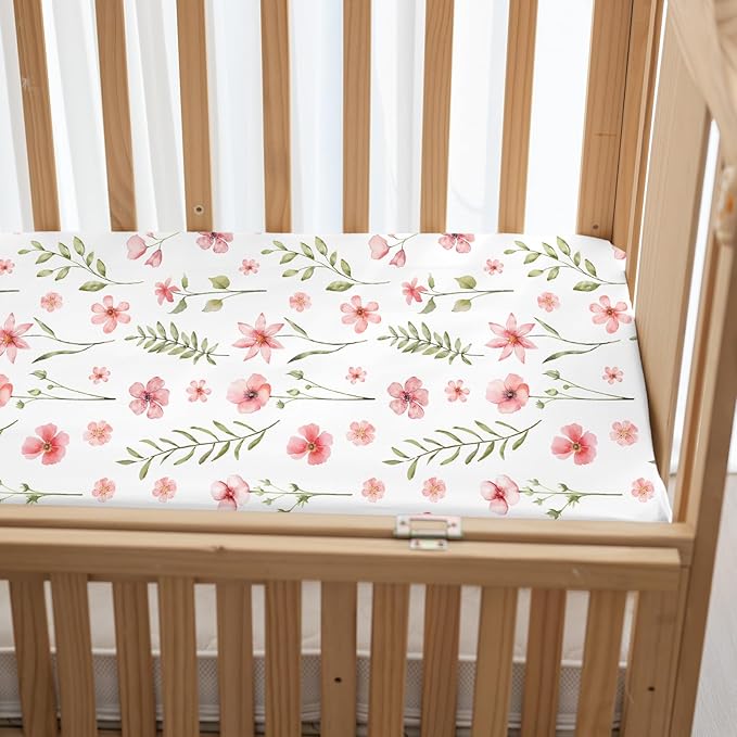 Nap Mat Sheet 47"x24", 3 Pack Pink Floral Baby Crib Sheets Fitted Elastic - Image 7