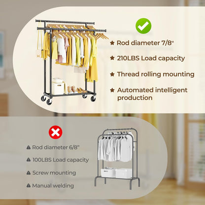 hyseyy double rods clothes rack, rolling clothing rack, side view