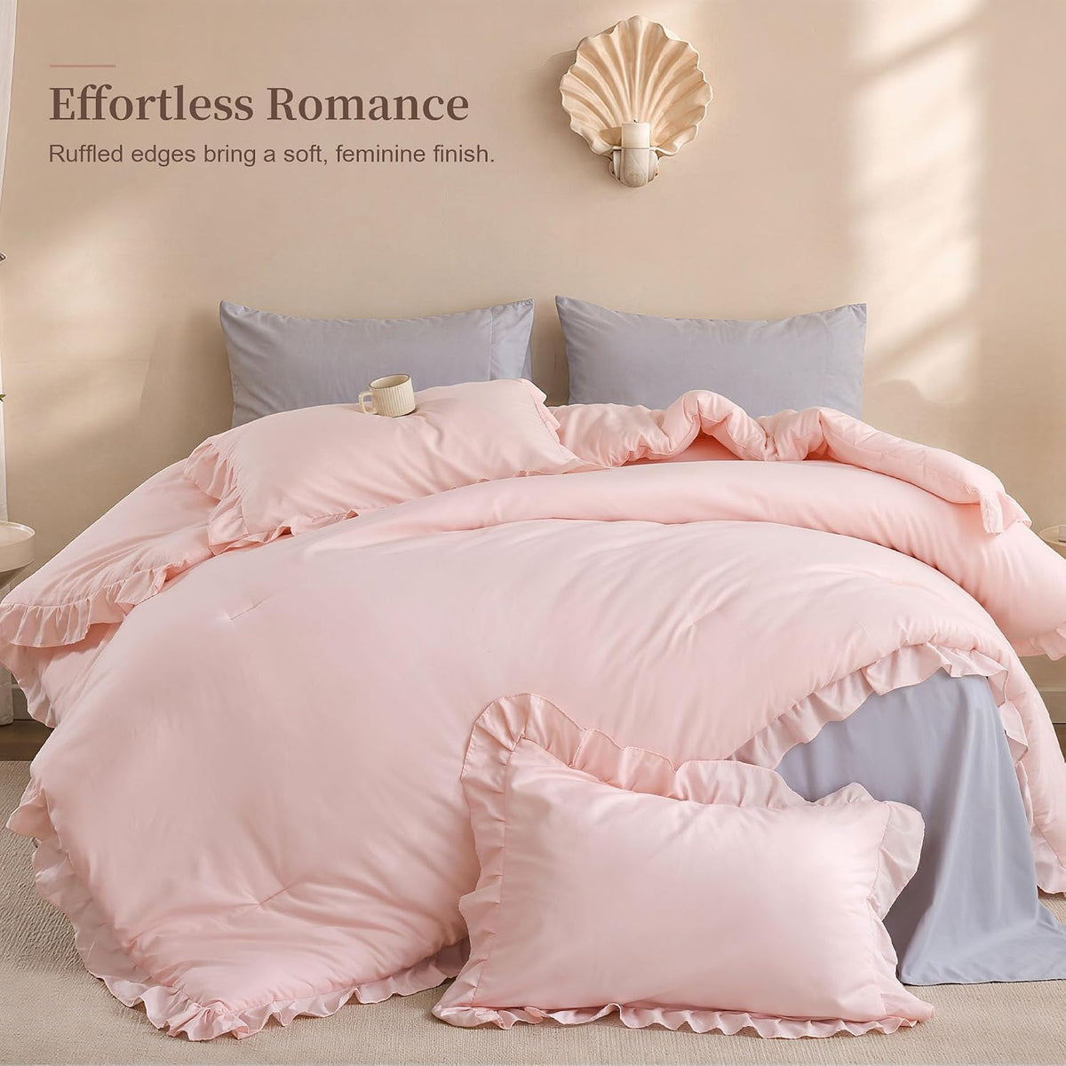 janzaa blush pink comforter set full, ruffle soft, side view
