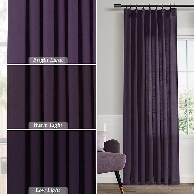 Plum Pinch Pleated Linen Curtains 63 Inch Length 2 Panels - Image 4