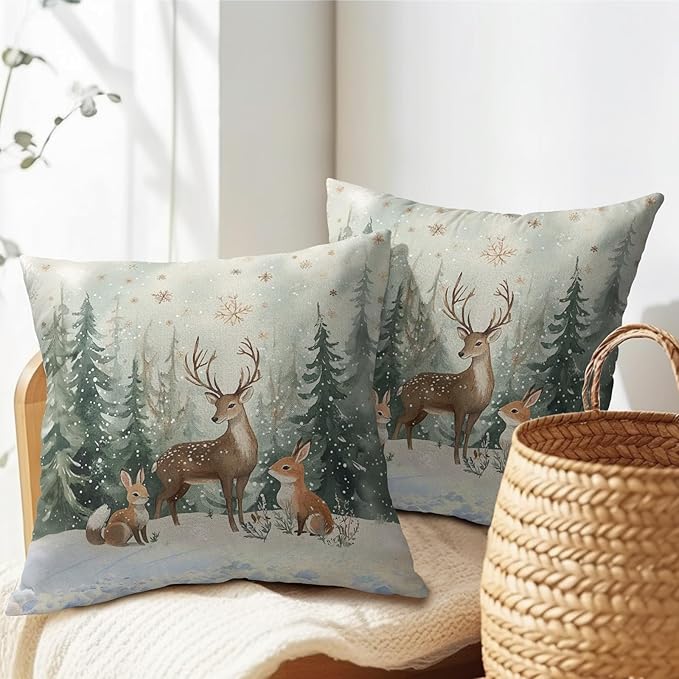Xmas Reindeer Throw Pillow Cover 24x24 Inch Set of 2 Winter Trees Snowflake - Image 5