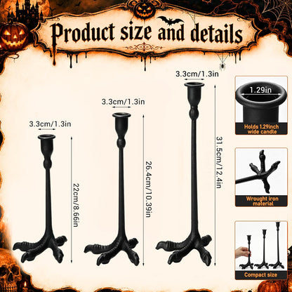 3 Set Claw Foot Candlestick Holders, Halloween Decor, Gothic, Black