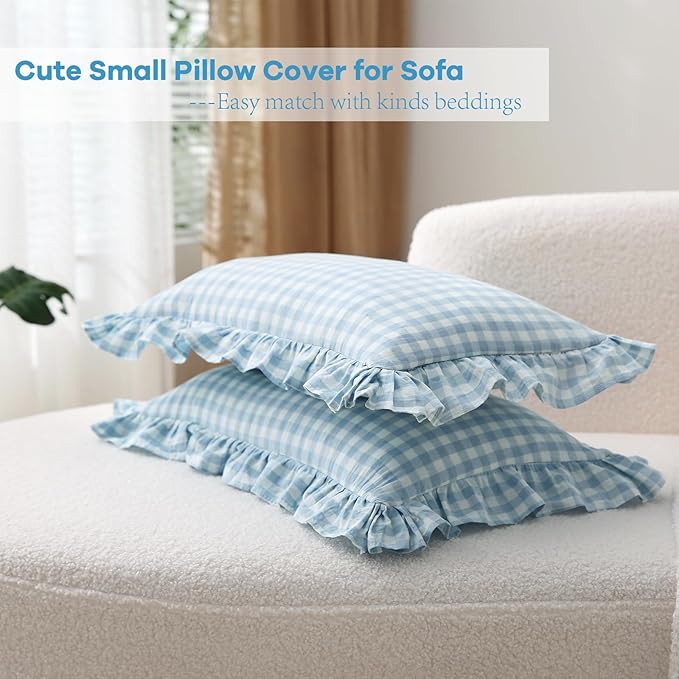 2 Pack Light Blue White Plaid Ruffle Gingham Lumbar Throw Pillow Covers - Image 4