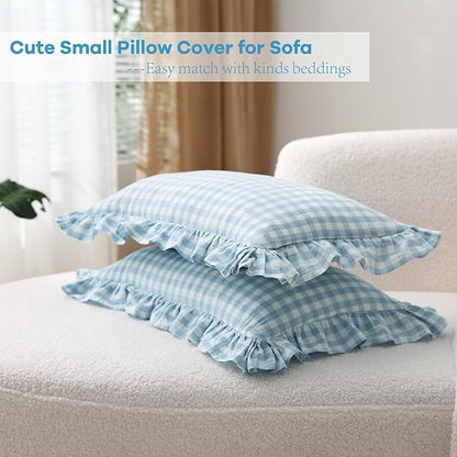2 Pack Light Blue White Plaid Ruffle Gingham Lumbar Throw Pillow Covers - Image 4