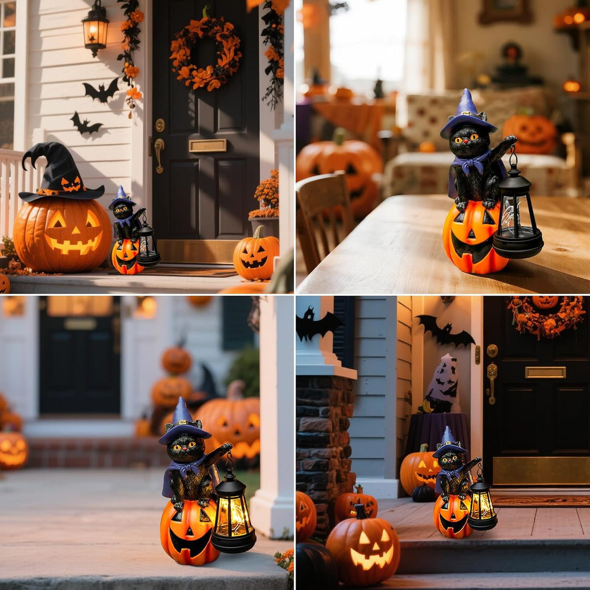 Halloween Black Cat Decor Solar Cat Garden Statues Sit On Pumpkin with LED Lantern Halloween Fall Outdoor Decorations for Porch Patio Yard Lawn Holiday Gardening Gifts for Women