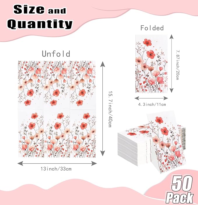 HEIPINIUYE 50 Pieces 3-ply Spring Floral Paper Napkins Red Flower Guest Napkins - Image 2