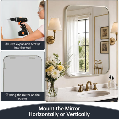 brushed nickel bathroom mirror for over sink, 30"x36" showing dimensions