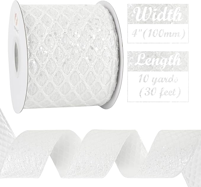 HUIHUANG White Christmas Ribbon 4 inch White Glitter Diamond Mesh Wired Ribbon - Image 4
