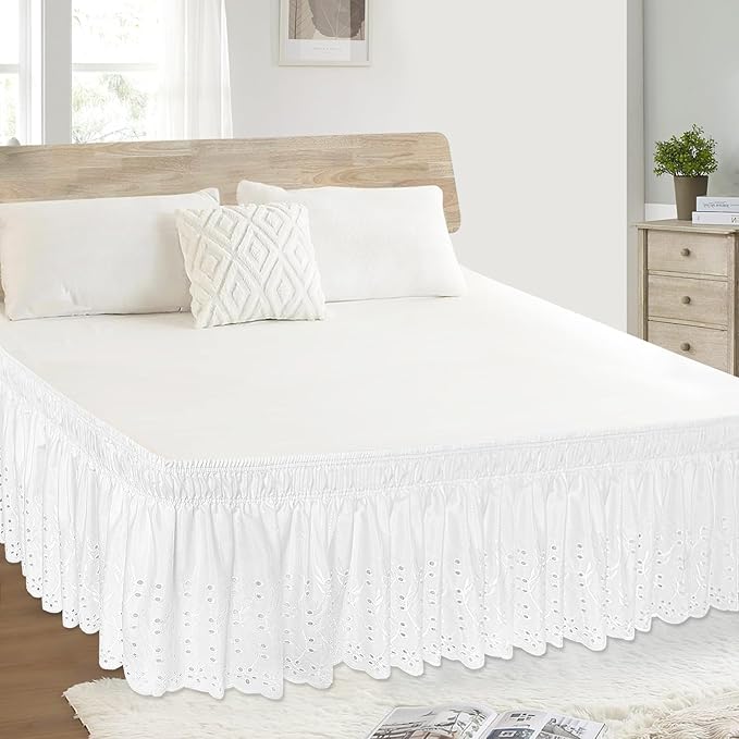 King Bed Skirt, Wrap-Around Elastic Ruffled Eyelet Bed Skirt King Size Dust - Image 5