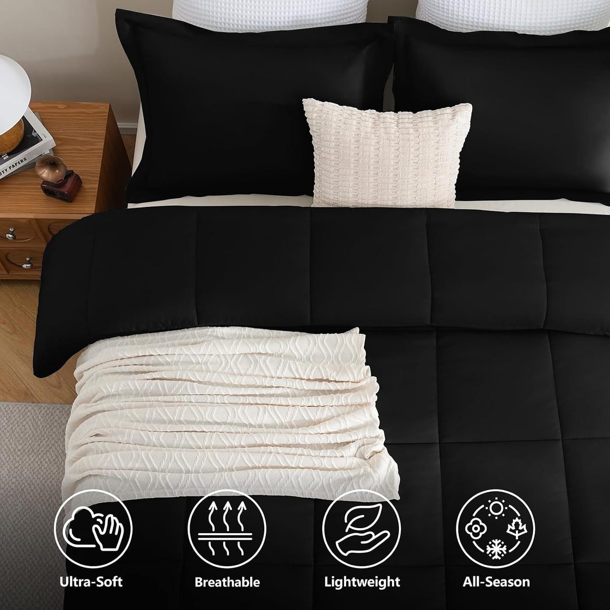 cozylux full size comforter sets, 3-piece box-stitched, black shown in use