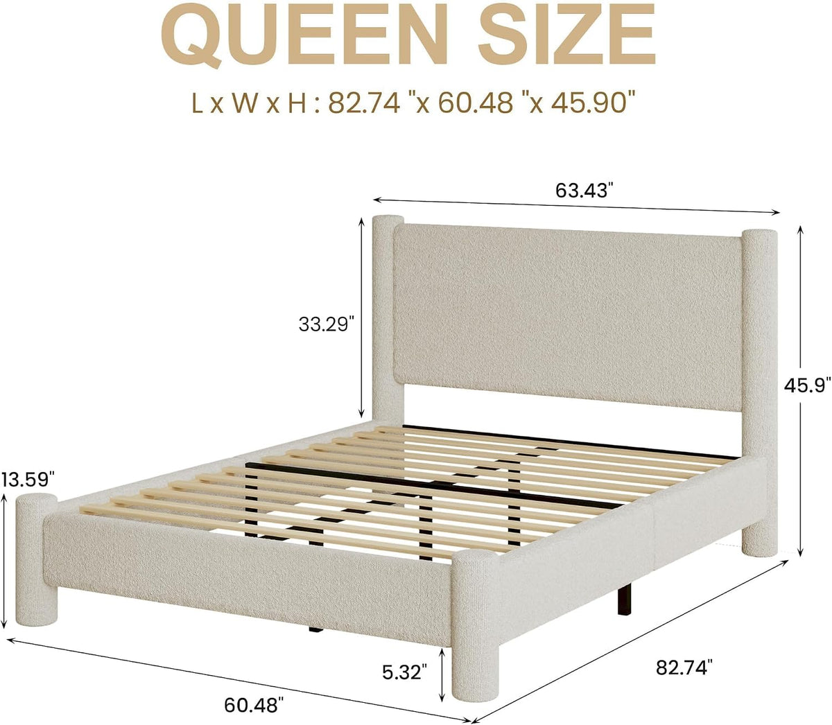 revominca queen cloud bed frame, boucle upholstered platform shown in use