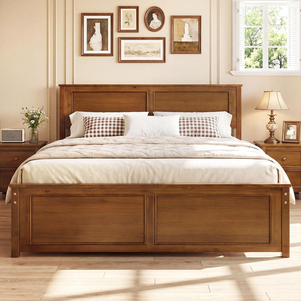 GIANTEX Wood Queen Size Bed Frame with Headboard, Farmhouse Solid Platform Be...