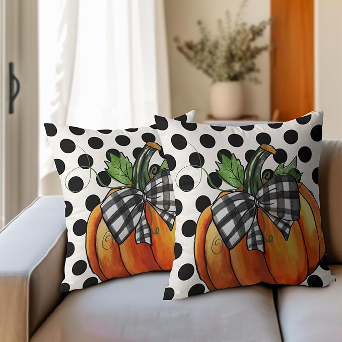 Fall Outdoor Pillows Covers 16x16 Inch Set of 2 Orange Pumpkin Black Polka Dot - Image 6