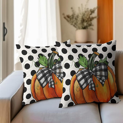 Fall Outdoor Pillows Covers 18x18 Inch Set of 2 Orange Pumpkin Black Polka Dot - Image 6