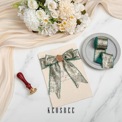 Dark Green Silk Chiffon Ribbon, Emerald Green Frayed Shimmery Silk Ribbon - Image 3