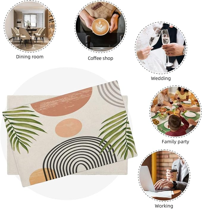 Mid Century Placemats Set of 4, Boho Abstact Sunset Leaf Stripe Decorative - Image 8