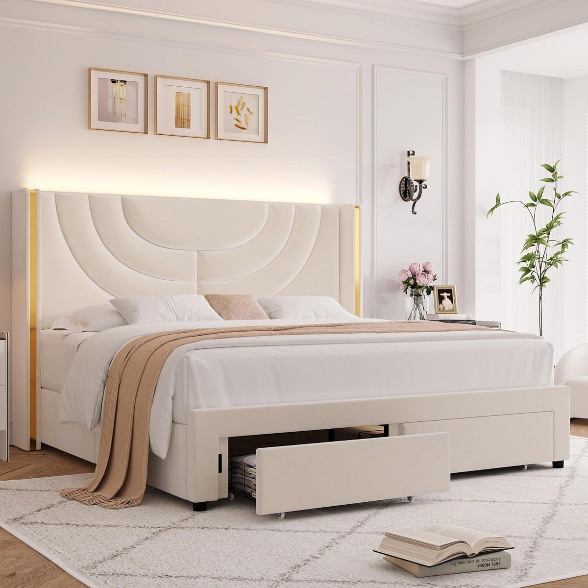hithos queen upholstered platform bed frame, led storage, side view
