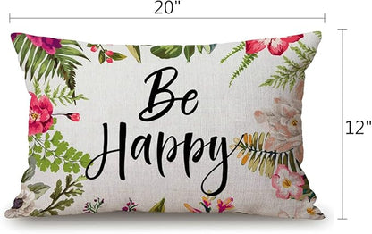 12x20 Inches Pillow Covers Rustic Farmhouse Decor Be Happy Pillowcases Cotton - Image 2