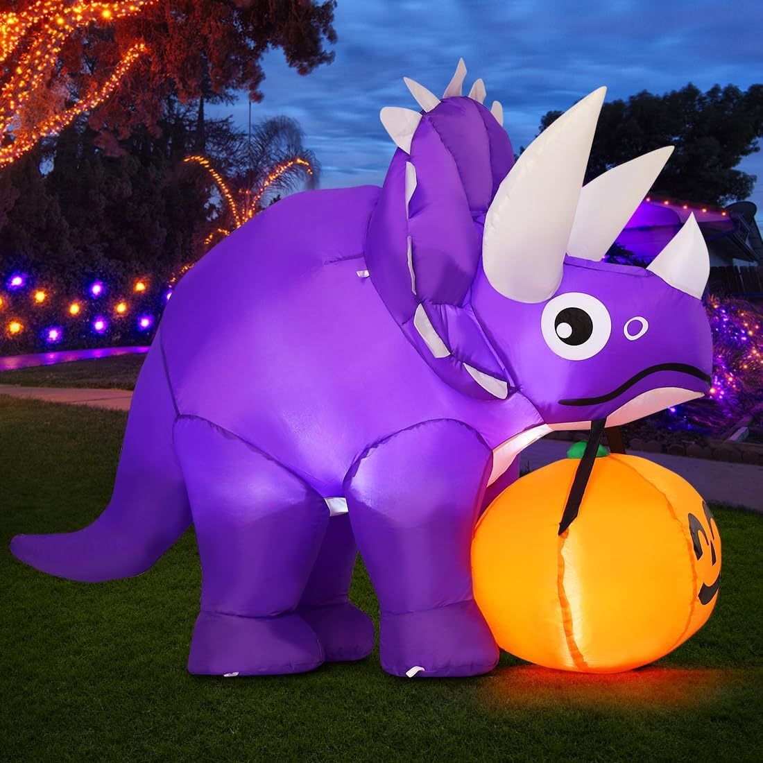 GOOSH 5 FT Width Halloween Inflatables Dinosaur Outdoor Decorations Blow Up Yard Dinosaur with Pumpkin with Built-in LEDs for Garden Lawn Indoor Party Decor