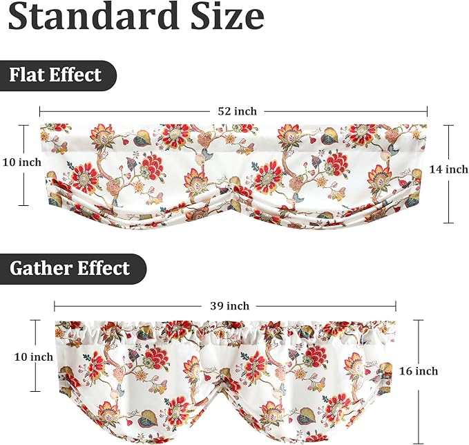 Leeva Red Vintage Floral Pleated Valance, Linen Textured Rod Pocket Curtain - Image 4