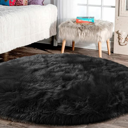 Latepis Black Round Area Rug 8ft Large Circle Fuzzy Shag Rug Washable Sheepskin by Latepis