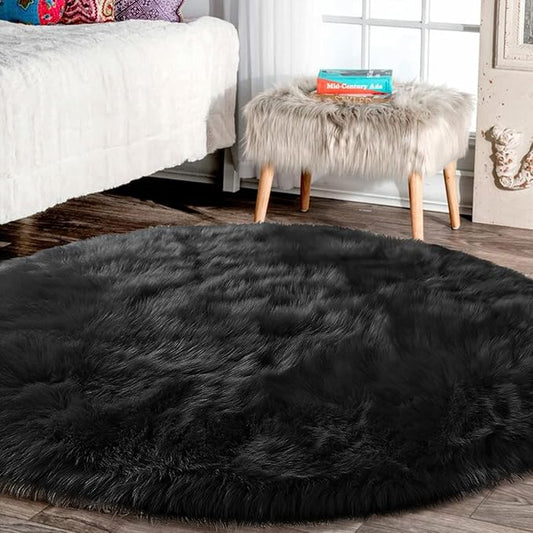 Latepis Black Round Area Rug 8ft Large Circle Fuzzy Shag Rug Washable Sheepskin by Latepis