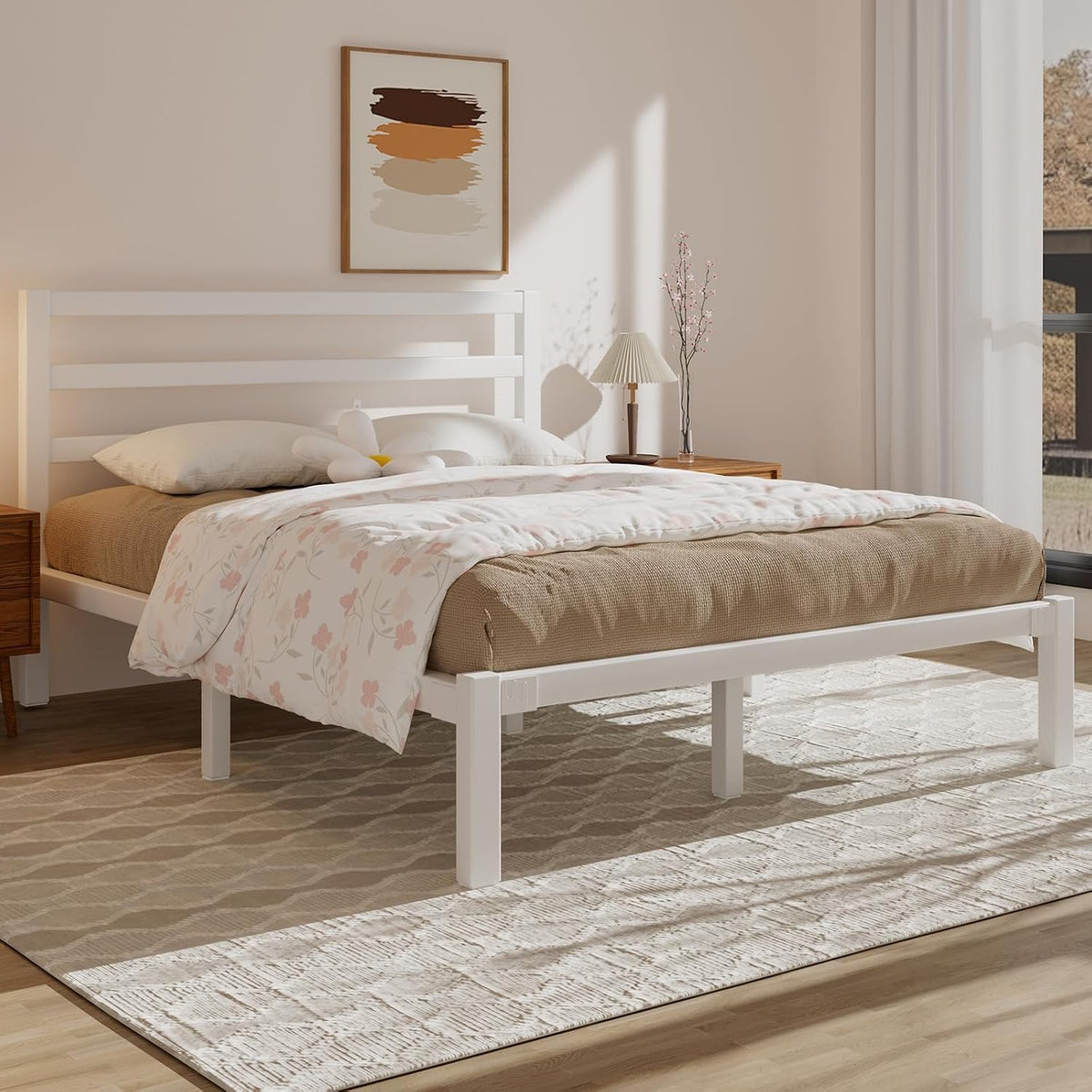 queen metal platform bed frame with headboard, stable, close-up detail