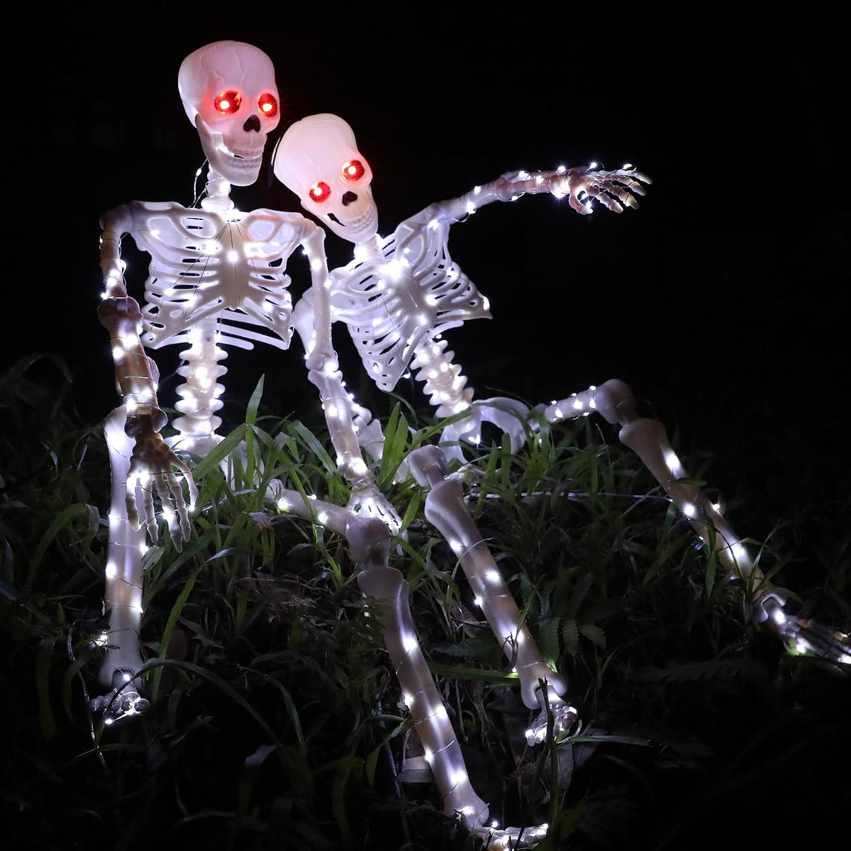 Halloween Decorations Outdoor Skeletons Set - 2 Pack 36" (90cm) Light Up Skeleton with LED Lights & 2 Red Eyes, Poseable Full Body, Indoor Halloween Decor for Yard, Porch (White)