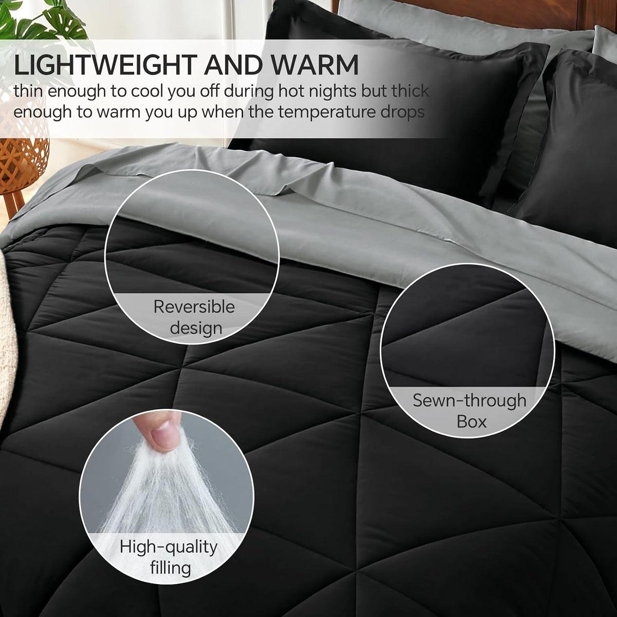 bedelite full comforter set 7 pieces, reversible black, close-up detail