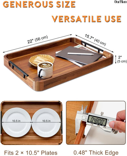 22-in acacia wood ottoman serving tray with handle, side view