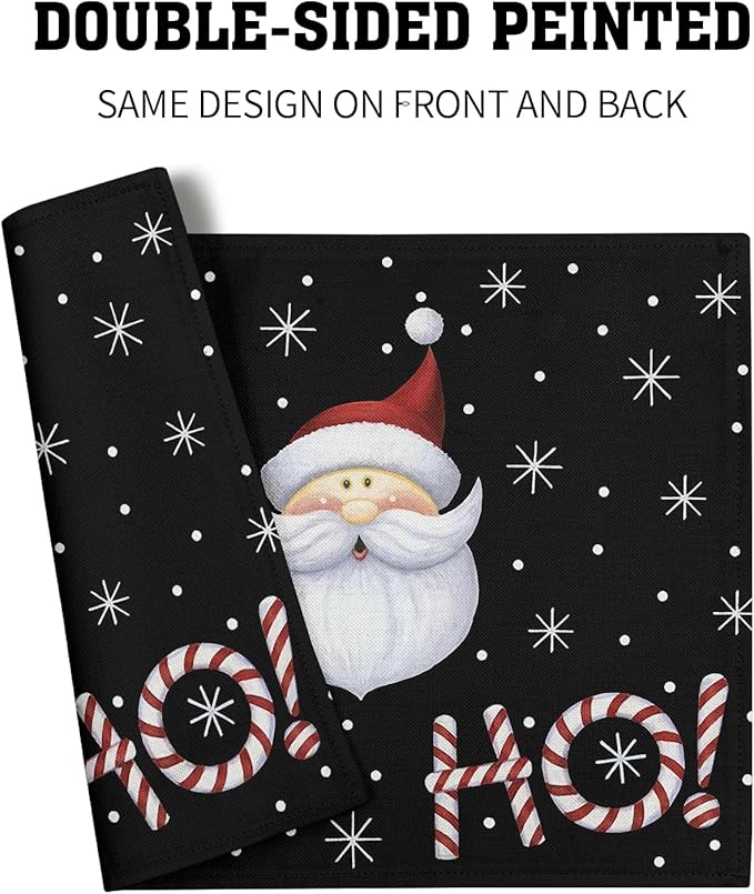 Giwawa Christmas Placemats Set of 4, Santa Claus Laugh Winter Snowflake Black - Image 5