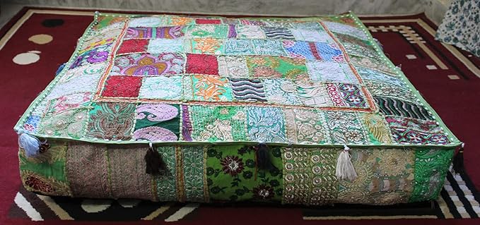 CRAFT KALA Indian Square Patchwork Traditional Pouf Cover Indian Living Room - Image 9