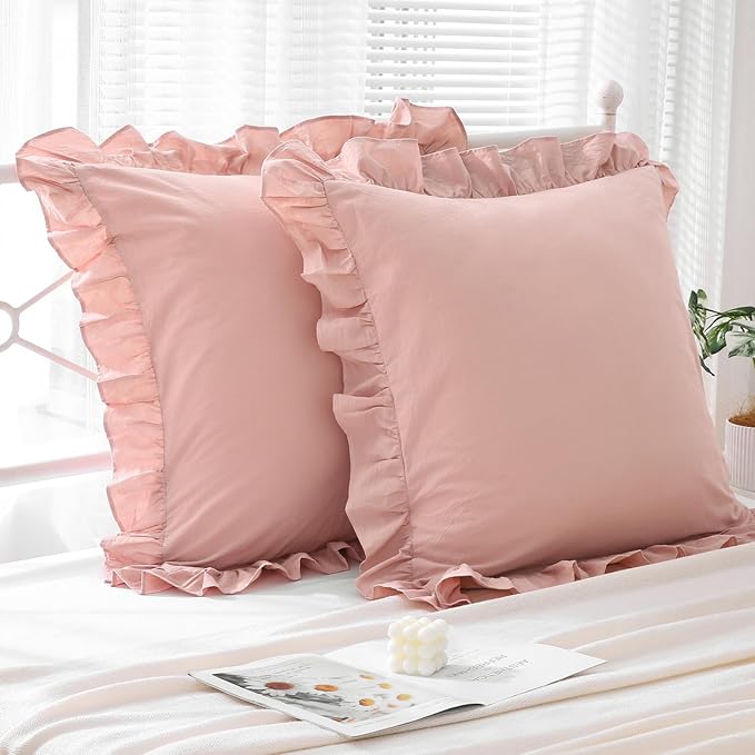 Ruffle Pillowcases Farmhouse Dusty Rose Throw Pillow Covers - Image 3