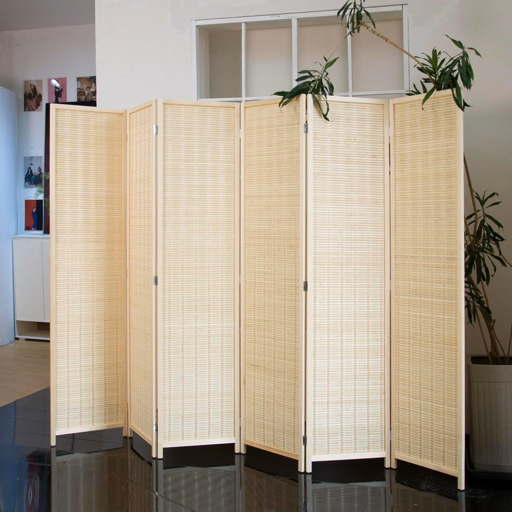 6 Panel Bamboo Room Divider - 5.6 ft Tall Natural Beige Folding Privacy Scree...