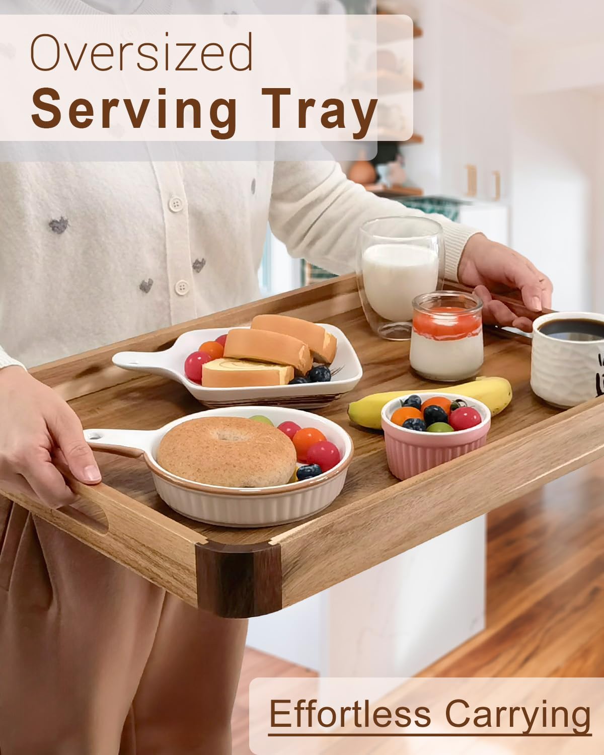 22 inch wooden serving tray, acacia ottoman tray, side view