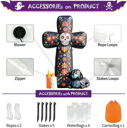 DomKom 6 FT Halloween Inflatable Outdoor Decorations, Day of the Dead Cross Blow Up with Skeleton Dog & Candles, Built-in LED Lights, Día de Los Muertos Yard Decoration for Lawn, Garden, Porch
