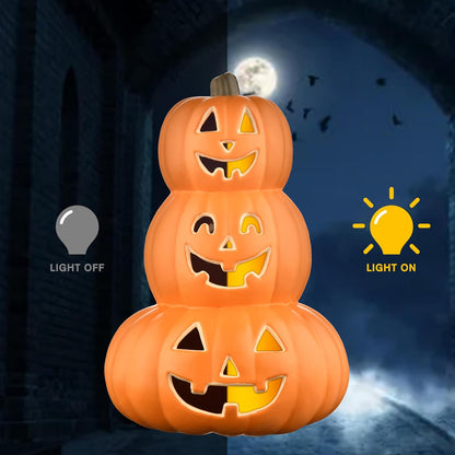 Evelyne Stacked Jack-O’-Lantern Pumpkin Decoration – 3-Tier Light-Up Halloween Gourd HDPE Plastic – Indoor/Outdoor Fall Decor with Happy Ghost Faces – Cute Pumpkin Tower for Porch Tabletop