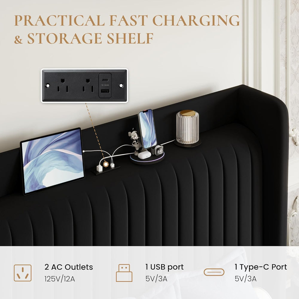 SHA CERLIN Queen Size Velvet Bed Frame with Shelf, Charging Station, Black