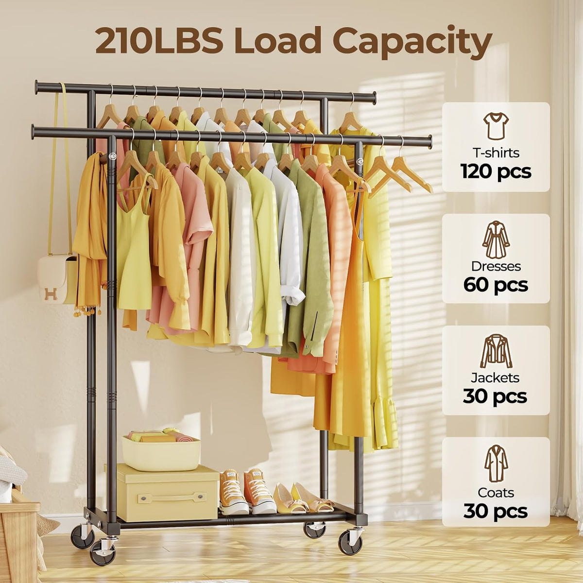 hyseyy double rods clothes rack, rolling clothing rack shown in use