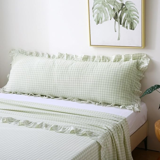 Pile Green White Plaid Ruffled Gingham Body Pillow Cover, 100% Washed Cotton by KMASANIJI