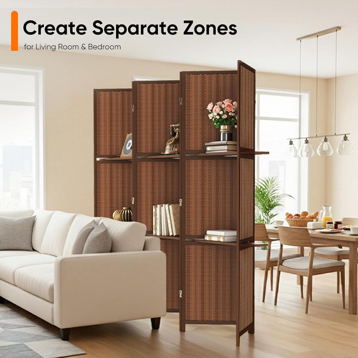 jostyle bamboo room divider with shelves, 6-panel privacy, package contents