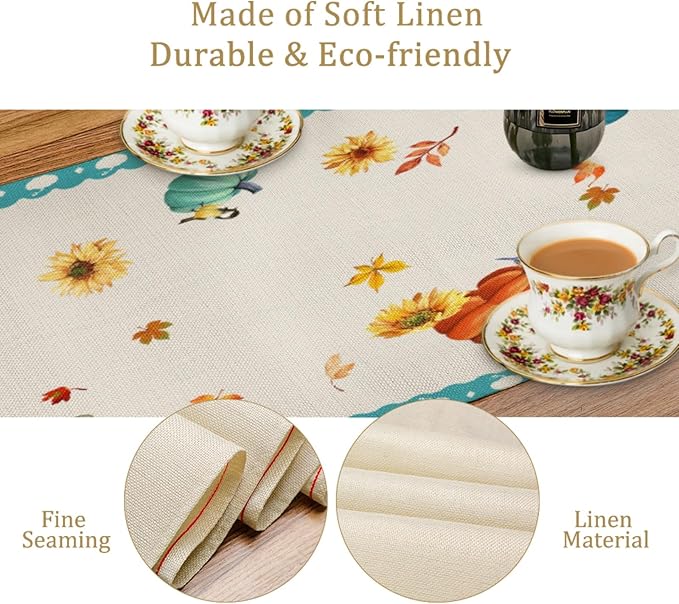 Thanksgiving Table Runner, Pumpkin Linen Farmhouse Table Runners, Kitchen - Image 5